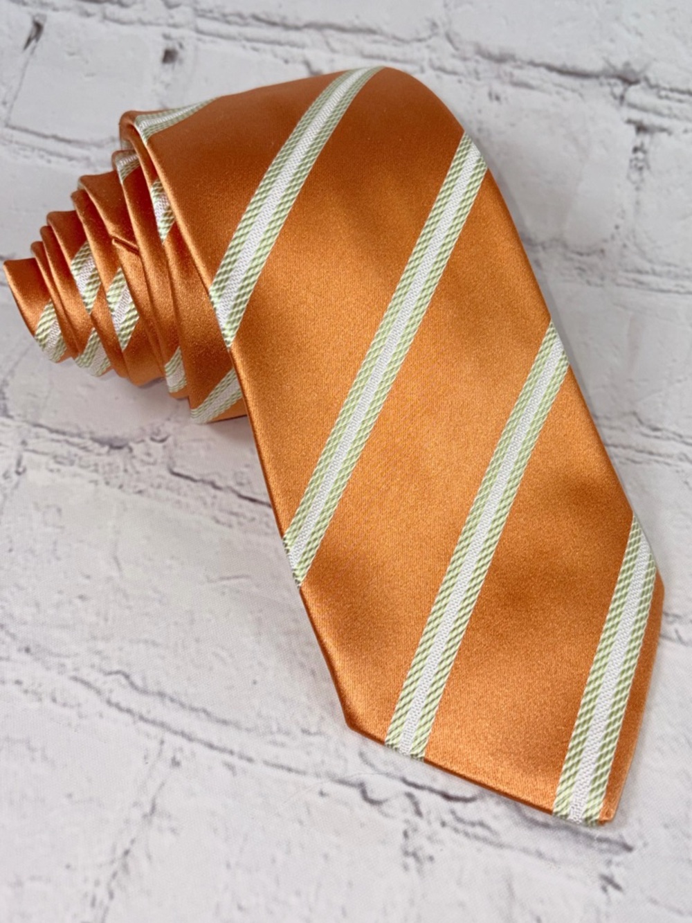 Luigi Borrelli Napoli Orange/Green/White Diagonal Striped Silk Tie